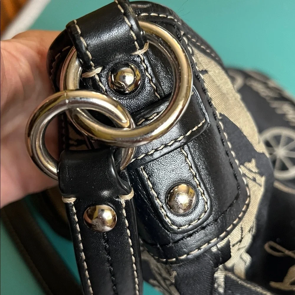 Coach Black and Silver Signature Carriage Hobo Bag Tan Classic Logo leather trim